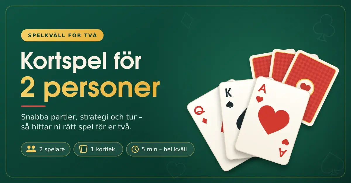 Grafik med texten ”Kortspel för 2 personer” på grön spelbordsbakgrund, där en hand med dam, kung och ess ligger framför en motståndares kort med baksidan upp.
