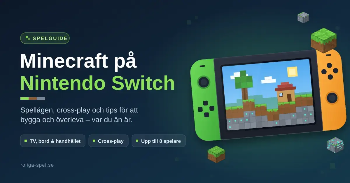 Illustration av en handhållen spelkonsol med ett blockigt pixellandskap på skärmen, svävande gräsblock och texten ”Minecraft på Nintendo Switch” på mörkblå bakgrund.