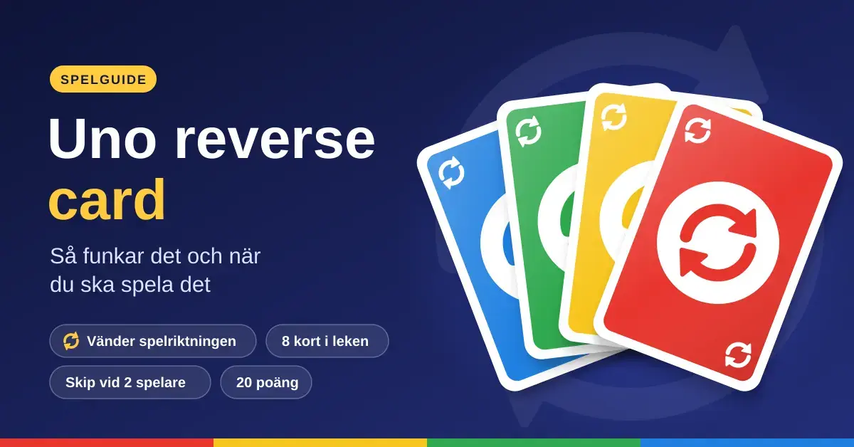 Fyra Reverse-kort i rött, gult, grönt och blått med symbolen med två böjda pilar bredvid rubriken "Uno reverse card – så funkar det och när du ska spela det" mot en mörkblå bakgrund.