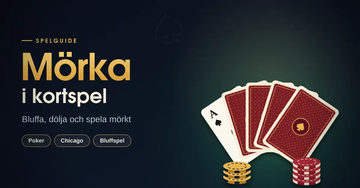 Mörk grafik med texten ”Mörka i kortspel – bluffa, dölja och spela mörkt” bredvid en solfjäder av spelkort med baksidan uppåt, ett delvis dolt spaderess och staplar av pokermarker på ett grönt spelbord.