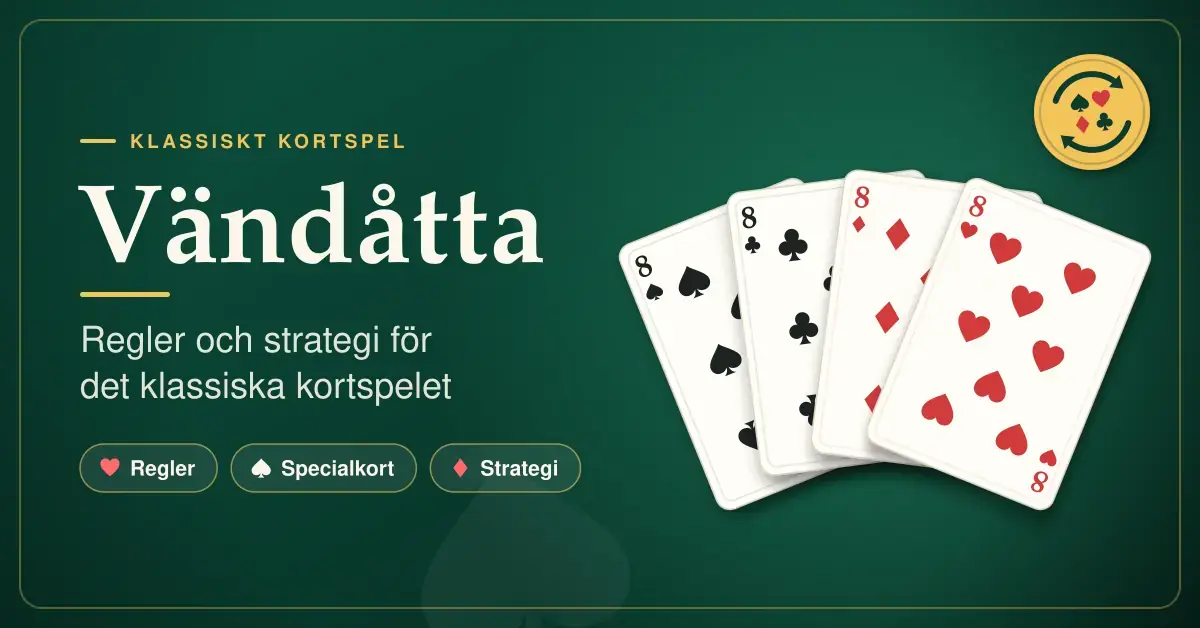 Grafik med rubriken Vändåtta och texten ”Regler och strategi för det klassiska kortspelet” bredvid en solfjäderformad hand med fyra åttor i spader, klöver, ruter och hjärter på ett grönt spelbord.