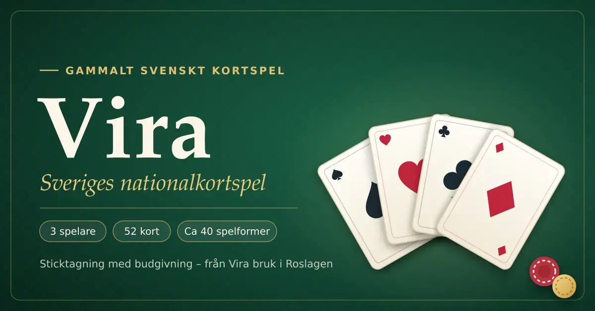 Grafik med texten ”Vira – Sveriges nationalkortspel” mot en grön spelbordsbakgrund, med fyra solfjäderformade spelkort i spader, hjärter, klöver och ruter samt två spelmarker.