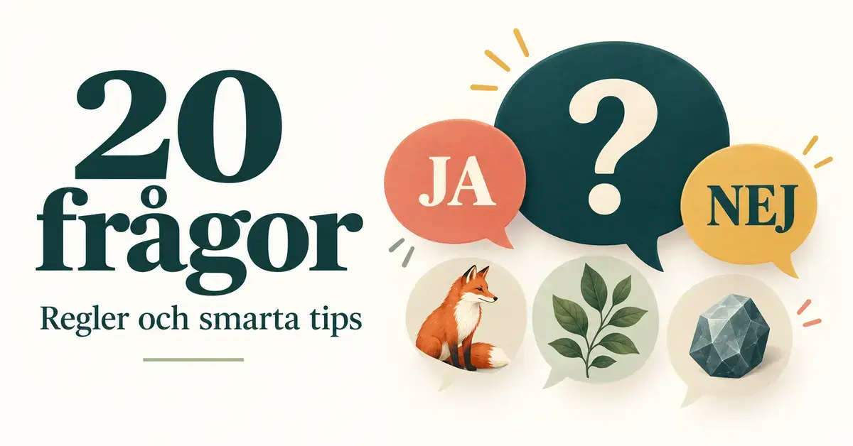 Illustration av gissningsleken 20 frågor med pratbubblor med ja, nej och ett frågetecken samt en räv, en växt och en sten.