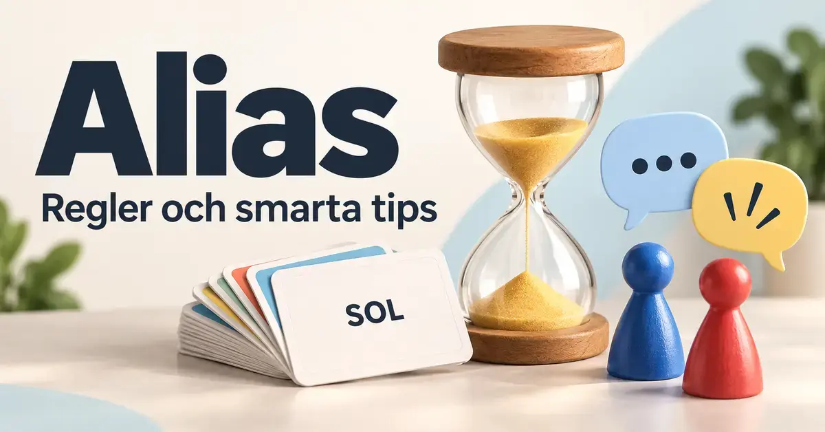 Illustration av Alias med ordkort, ett timglas, två spelpjäser och pratbubblor samt texten ”Alias – Regler och smarta tips”.