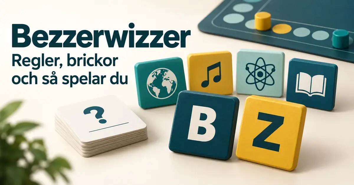 Illustration till Bezzerwizzer med kategoribrickor, B- och Z-brickor, frågekort och texten ”Bezzerwizzer – Regler, brickor och så spelar du”.