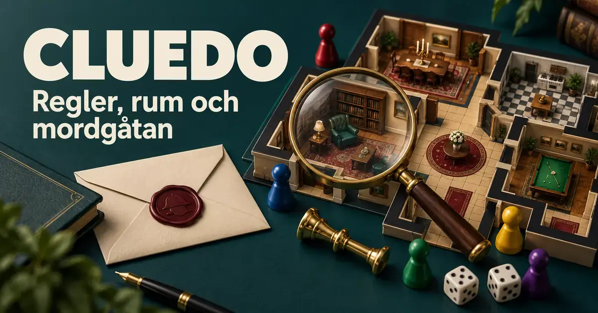 Illustration av Cluedo med herrgårdsrum, förstoringsglas, spelpjäser och ett förseglat kuvert samt texten ”Cluedo – Regler, rum och mordgåtan”.