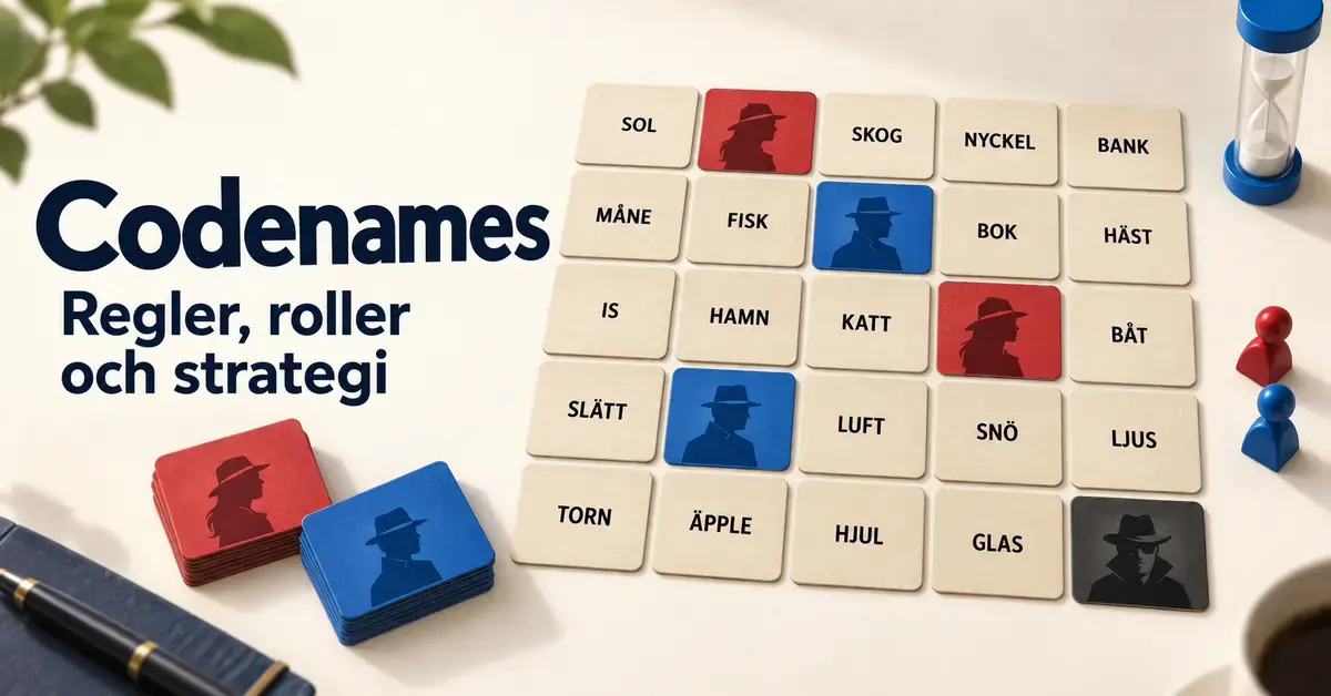 Illustration av Codenames med 25 kort, röda och blå agenter samt rubriken ”Codenames – Regler, roller och strategi”.