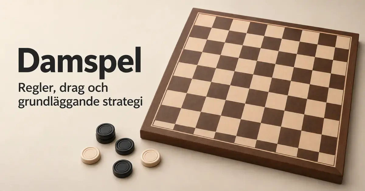 Ett rutigt damspelsbräde med svarta och ljusa pjäser bredvid samt texten ”Damspel – regler, drag och grundläggande strategi”.