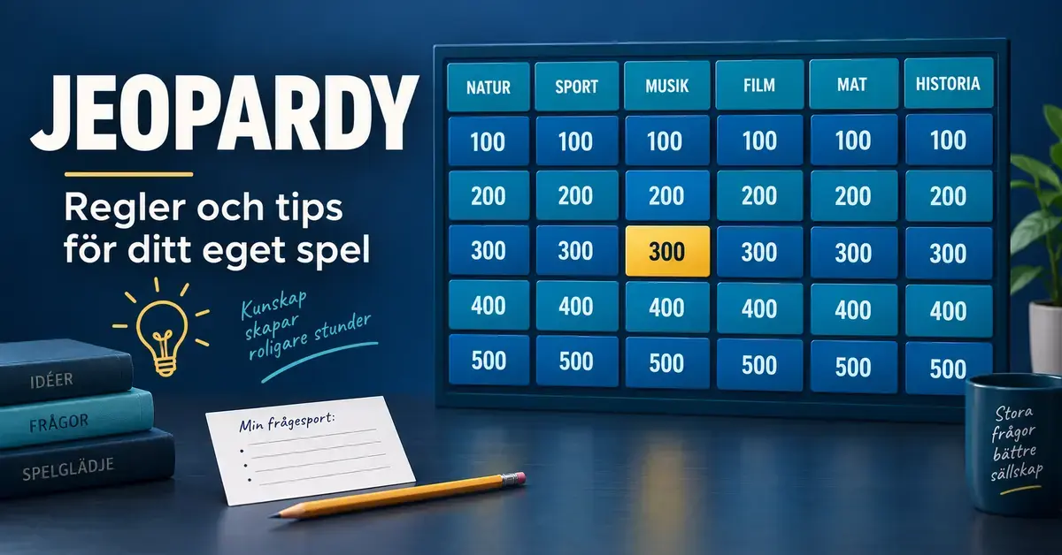 Jeopardy-spelplan med sex kategorier och poängrutor, tillsammans med anteckningskort och penna för att skapa ett eget frågespel.