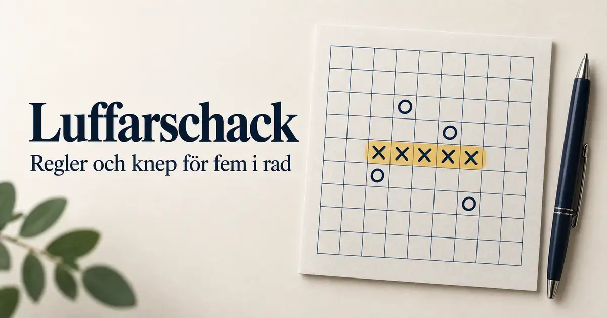 Rutigt papper med fem kryss i rad markerade i gult, fyra ringar och en penna bredvid rubriken ”Luffarschack – Regler och knep för fem i rad”.