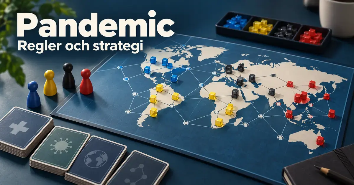 Illustration av en spelplan med världskarta, spelpjäser och blå, gula, svarta och röda sjukdomskuber under rubriken ”Pandemic – Regler och strategi”.