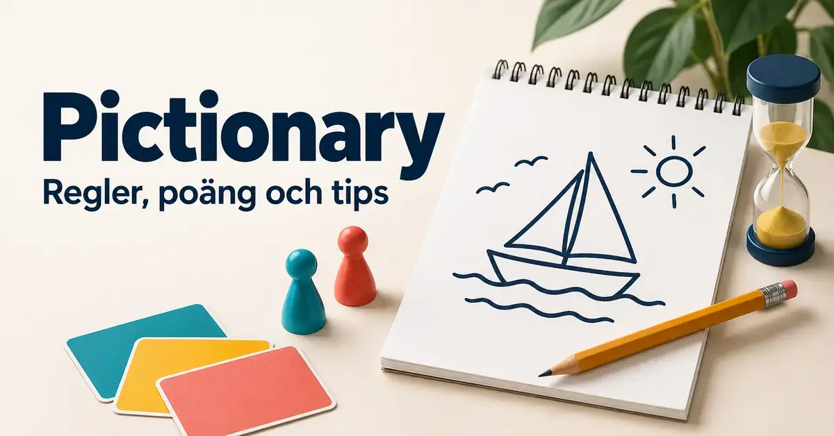 Ritblock med en tecknad segelbåt, penna, timglas, spelpjäser och färgade kort bredvid texten ”Pictionary – Regler, poäng och tips”.