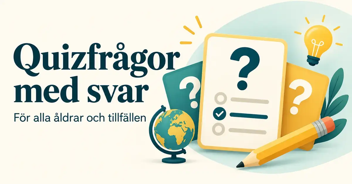 Illustration med texten ”Quizfrågor med svar – För alla åldrar och tillfällen”, quizkort, en jordglob, en penna och en lysande glödlampa.