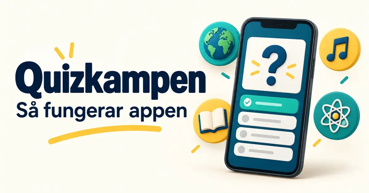 Illustration med texten ”Quizkampen – Så fungerar appen”, en mobil med frågesport och symboler för geografi, litteratur, musik och vetenskap.
