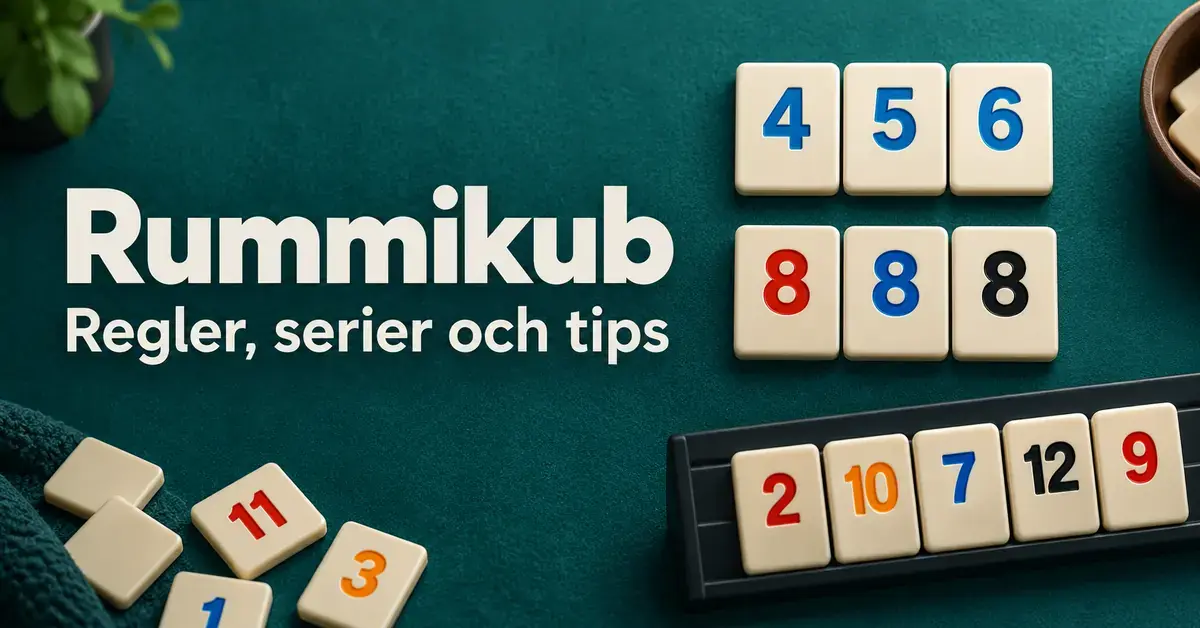 Rummikub-brickor i en blå nummerserie och en grupp med tre åttor på ett grönt spelbord med rubriken ”Rummikub – Regler, serier och tips”.