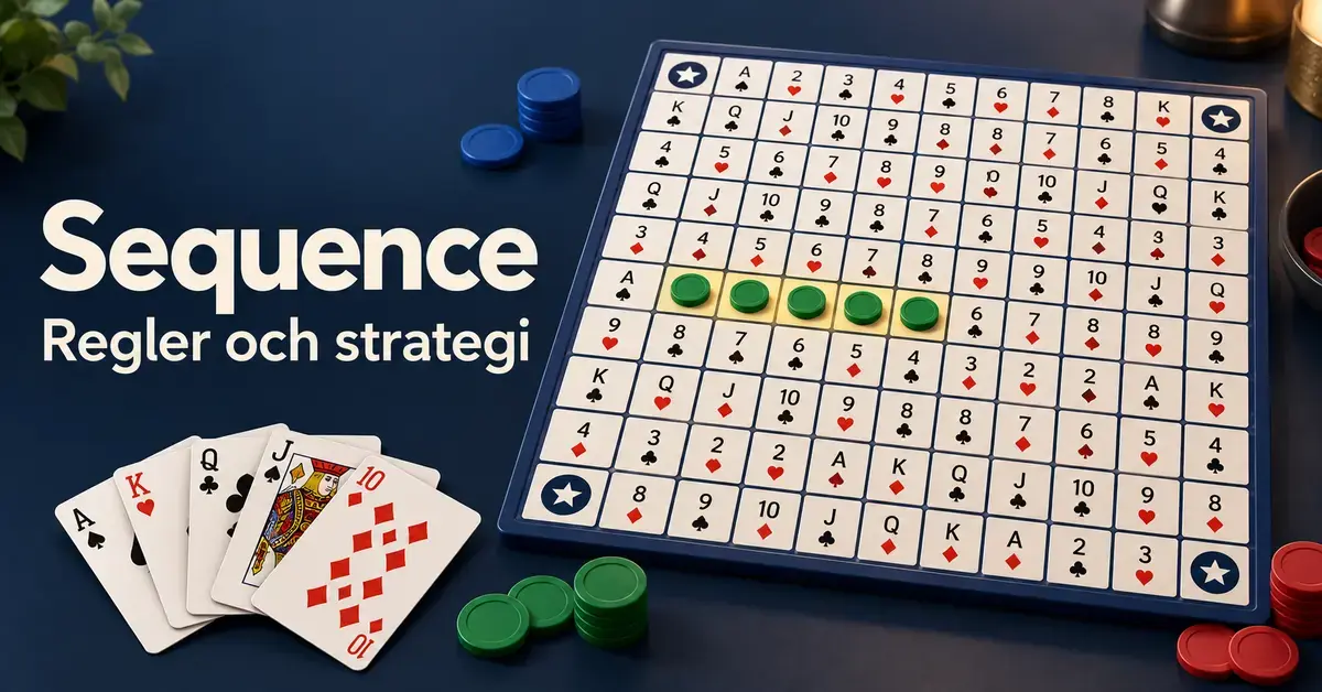 Illustration av ett Sequence-spelbräde med fem gröna brickor i rad, spelkort och färgade brickor intill texten ”Sequence – Regler och strategi”.