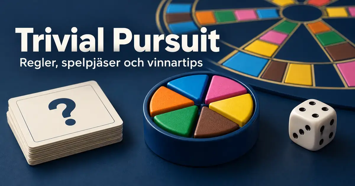 Illustration av Trivial Pursuit med sex färgade tårtbitar i en rund spelpjäs, frågekort, tärning och spelplan under rubriken ”Trivial Pursuit – Regler, spelpjäser och vinnartips”.
